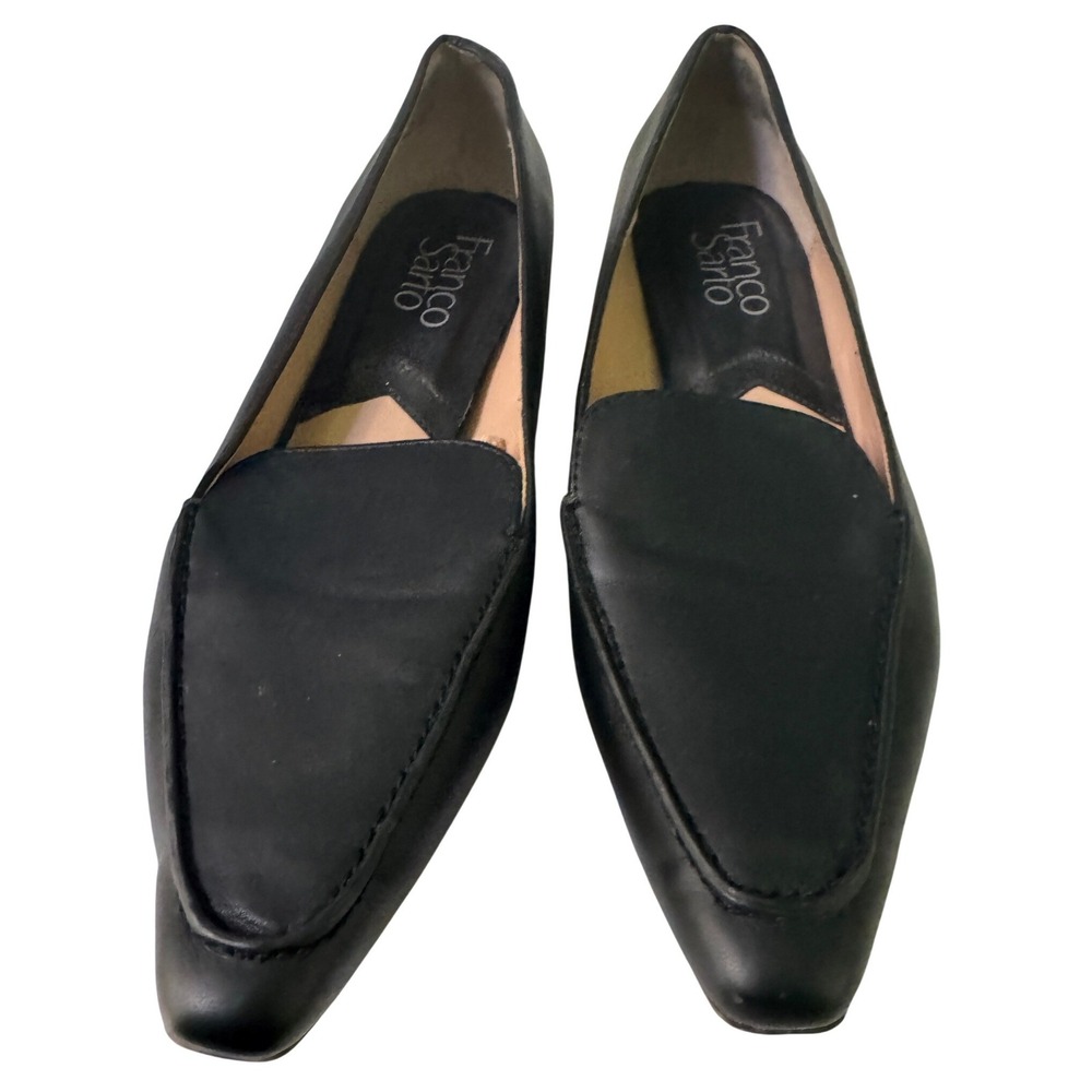 Franco Sarto Womens Black Leather Pointed Toe Slip On Flat Loafers Shoes